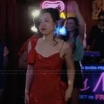 Nicole’s red satin drape dress on The Paper
