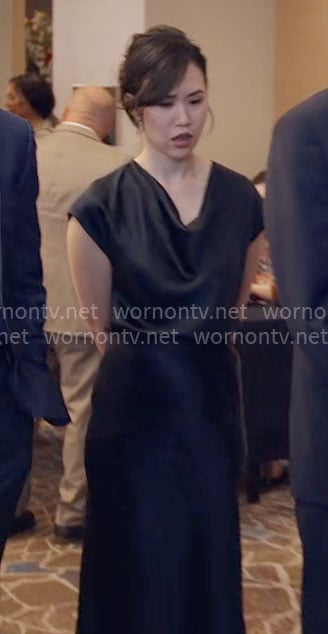 Nicole's black cowl neck top and skirt set on The Paper