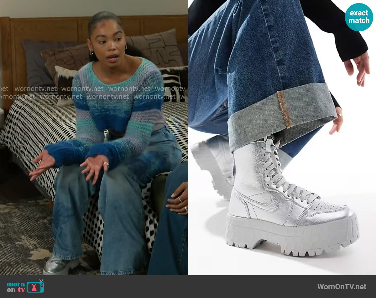 Nike Air Jordan 1 Brooklyn boot in silver and gray worn by Chelsea Hamilton (RhonniRose Mantilla) on Beyond the Gates