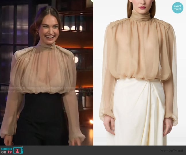 Nina Ricci High-neck puffed-sleeve top worn by Lily James on The Kelly Clarkson Show