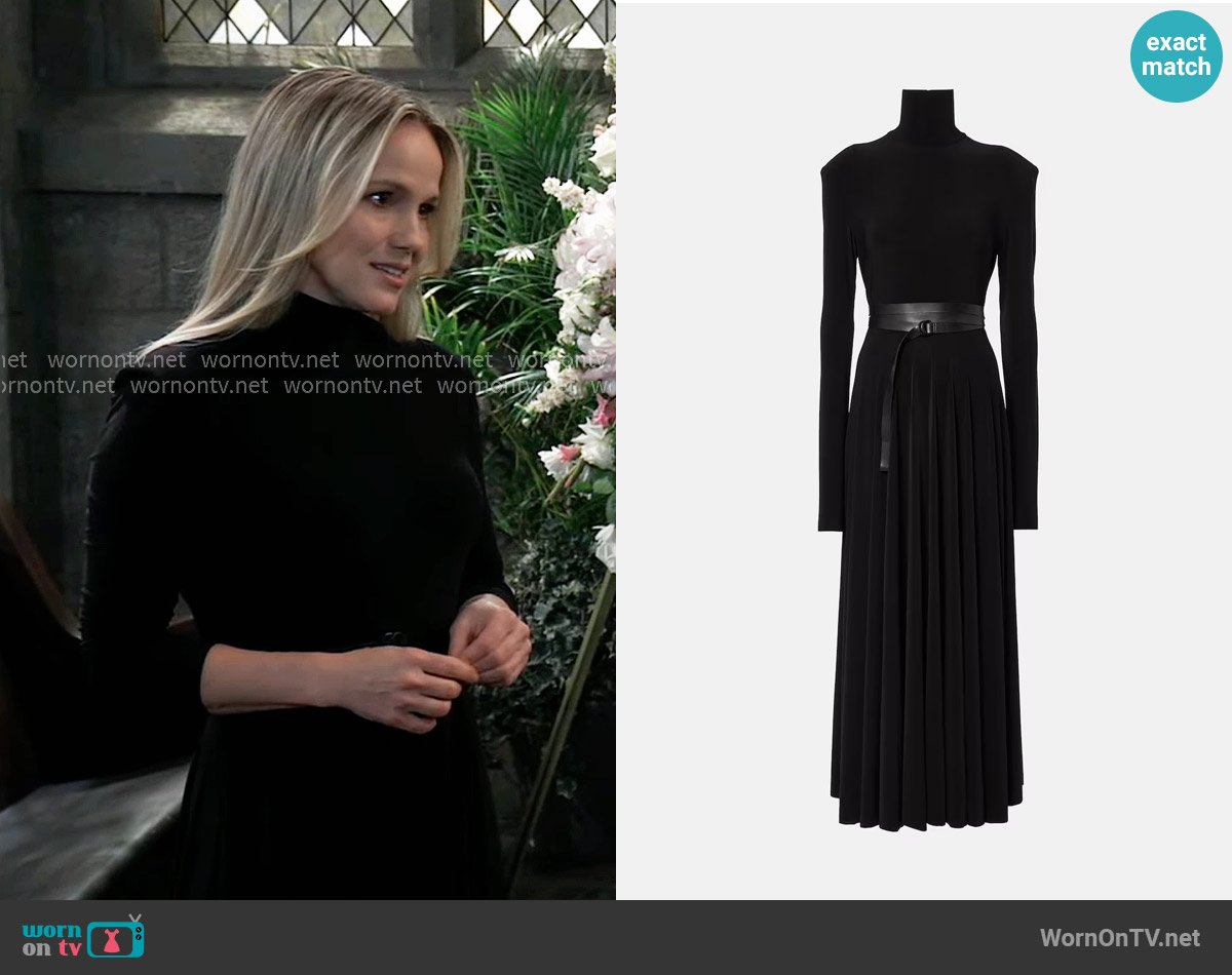 Norma Kamali Belted turtleneck midi dress worn by Lulu Spencer (Alexa Havins Bruening) on General Hospital