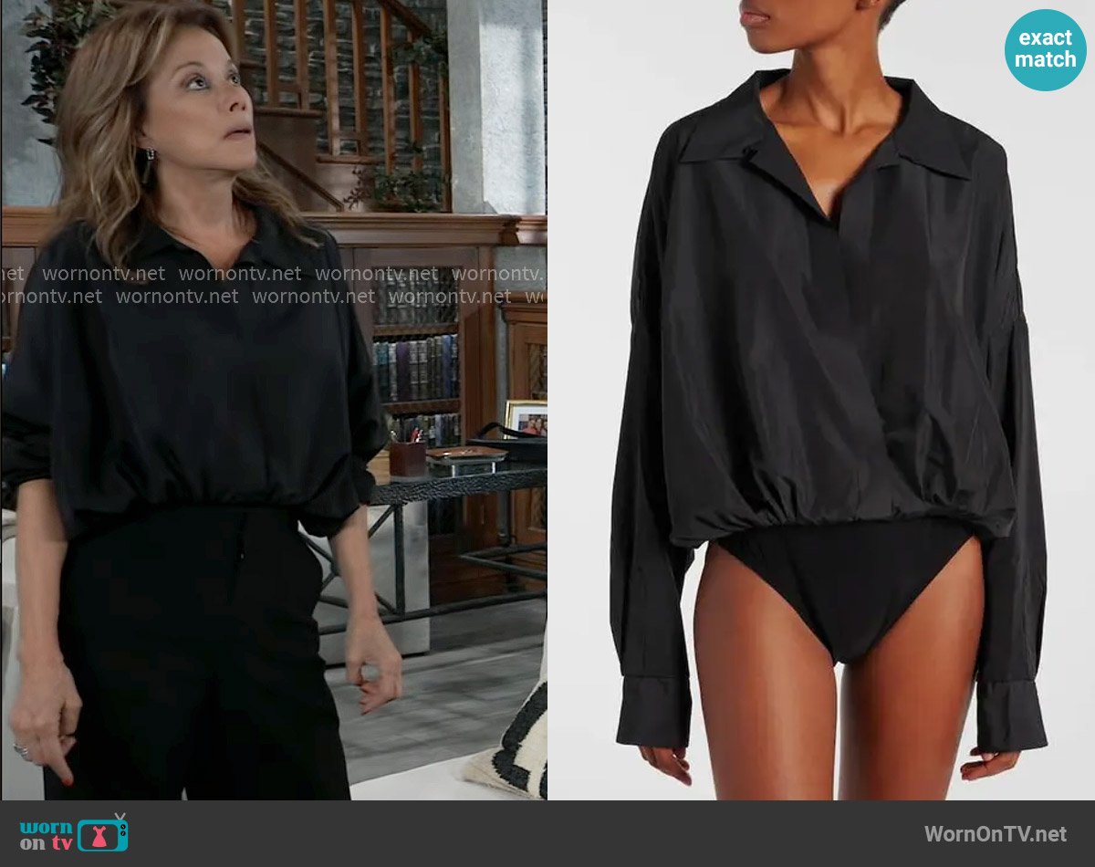 Norma Kamali Habotai Bodysuit worn by Alexis Davis (Nancy Lee Grahn) on General Hospital