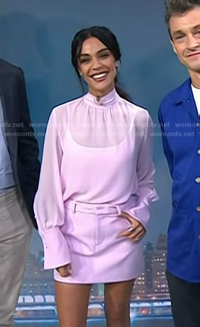 Odelya Halevi’s pink sheer blouse and mini skirt on Today