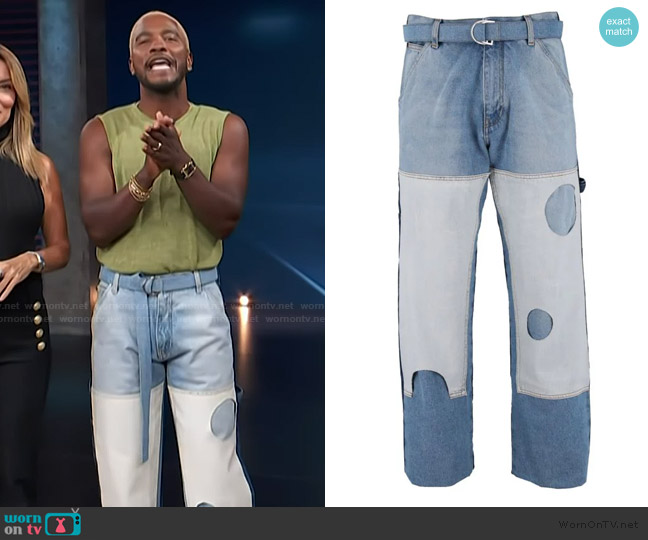 Off White Meteor Cutout Patch Straight Carpenter Jeans worn by Scott Evans on Access Hollywood