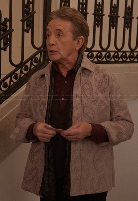 Oliver's lavender paisley print shirt on Only Murders in the Building
