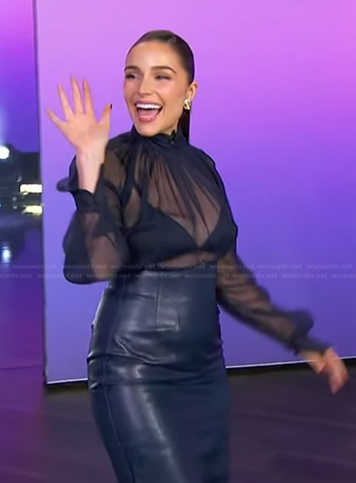 Olivia Culpo’s navy sheer top and leather skirt on The Jennifer Hudson Show