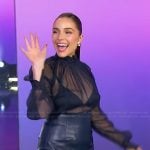 Olivia Culpo’s navy sheer top and leather skirt on The Jennifer Hudson Show