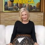 Diane Sawyer’s navy print wrap skirt on Good Morning America
