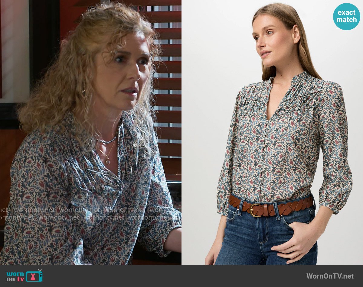 Paige Arlette Blouse in Botanical Blue Multi worn by Jan Morgan (Jerri Tubbs) on Beyond the Gates