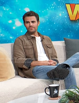 Paul Wesley’s brown suede shirt jacket on Access Hollywood