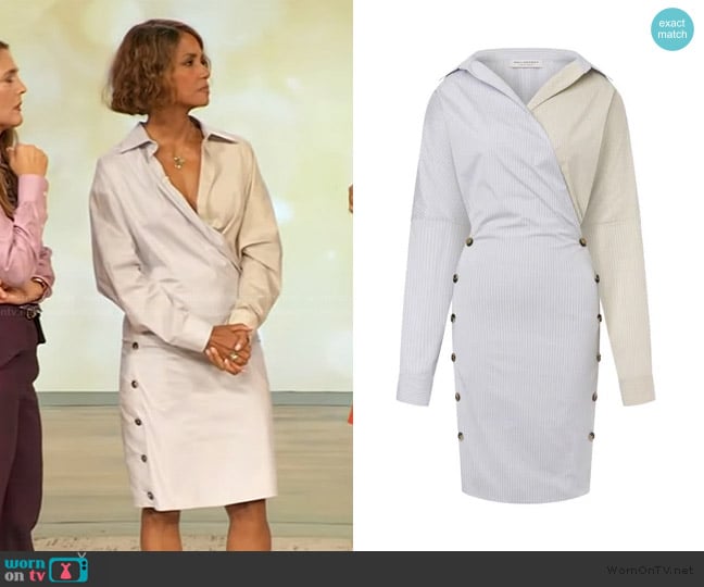 Philosophy di Lorenzo Pinstripe Wrap Dress worn by Halle Berry on The Drew Barrymore Show