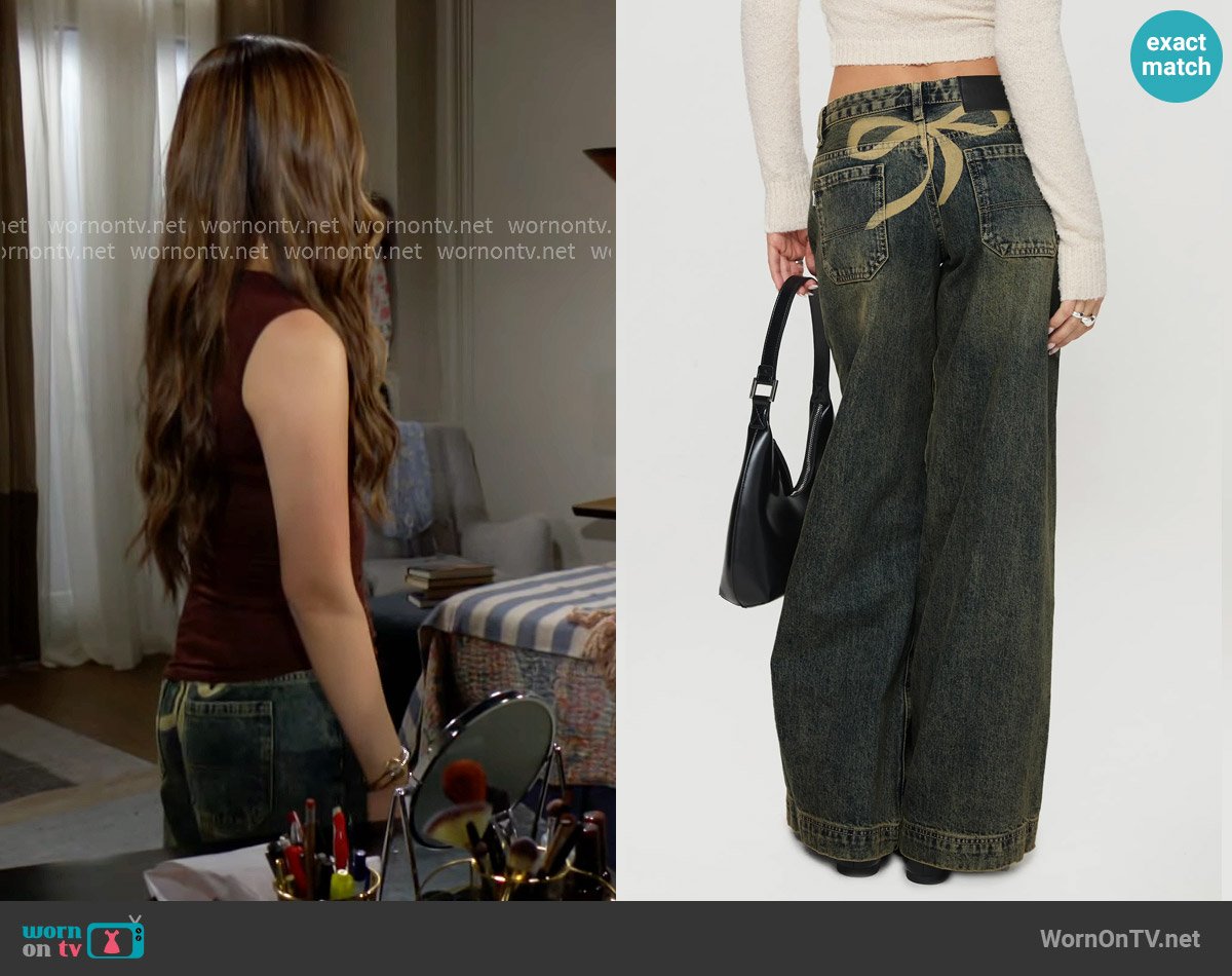 Princess Polly Ribbon stamp low rise wide leg jeans antique wash worn by Luna (Lisa Yamada) on The Bold and the Beautiful