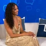 Jasmine Mcleish’s beige floral slip dress on Tamron Hall Show