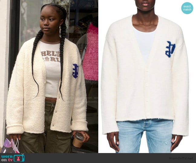 Purple Brand Logo Knit V-Neck Cardigan worn by Naima Stewart (Aderinsola Olabode) on Reasonable Doubt