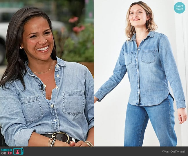 Quince Distressed Denim Shirt worn by Laura Jarrett on Today