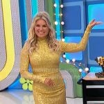 Rachel’s yellow embellished mini dress on The Price is Right