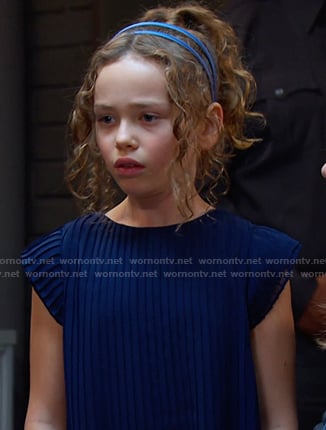 Rachel’s navy pleated dress on Days of our Lives
