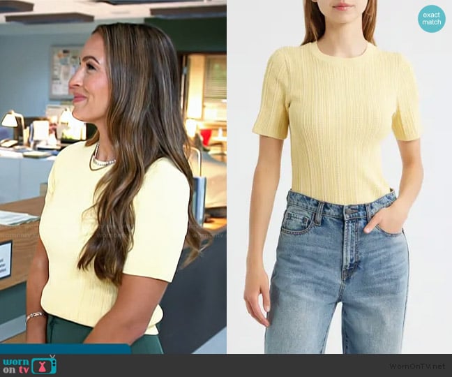 Rag and Bone Camryn Short Sleeve Rib Sweater worn by Emily Orozco on Access Hollywood