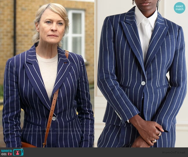 Ralph Lauren Aaiden striped linen and cotton-blend jacket worn by Laura Sanderson (Robin Wright) on The Girlfriend