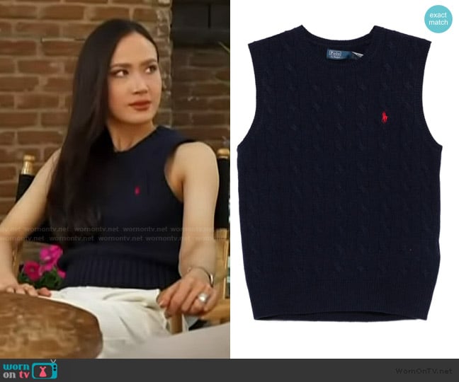 Ralph Lauren Cable-knit sleeveless vest worn by Madison Chock on Access Hollywood