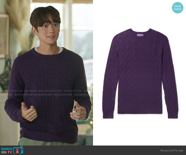 Ralph Lauren Purple Label Cable-Knit Cashmere Sweater in Purple worn by Steven (Sean Kaufman) on The Summer I Turned Pretty