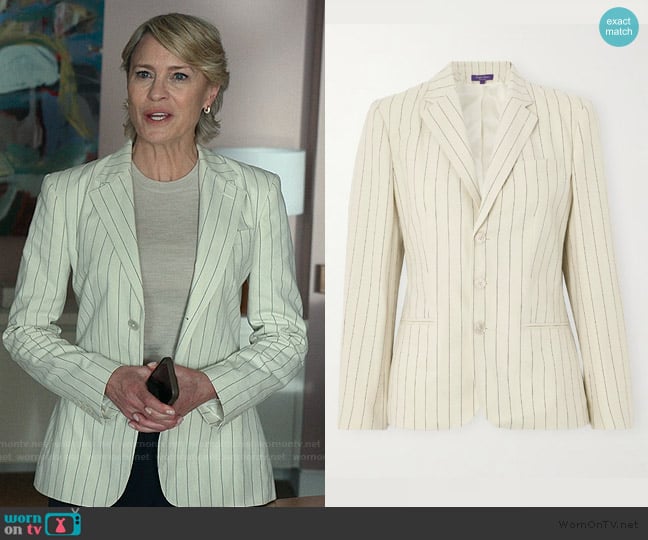 Ralph Lauren Skye pinstriped cotton and linen-blend blazer worn by Laura Sanderson (Robin Wright) on The Girlfriend