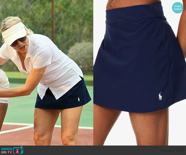 Ralph Lauren Wimbledon Embroidered-Logo Stretch-Woven Mini Skort worn by Laura Sanderson (Robin Wright) on The Girlfriend