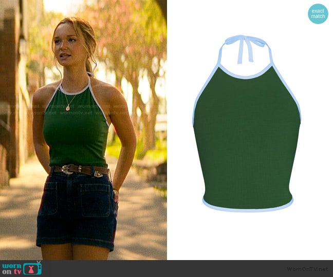 Rat Boi Lined Contrast Halter Top in Clover worn by Sophia Kinney (Lilah Pate) on The Runarounds
