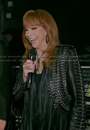 Reba's black grommet fringed leather jaket on The Voice