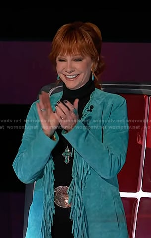 Reba's turquoise fringed suede jacket on The Voice