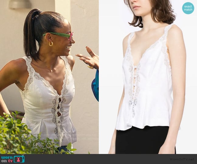 Reformation  Josefina linen top worn by Brigitte Russell-Bailey (Shalom Brune-Franklin) on The Girlfriend