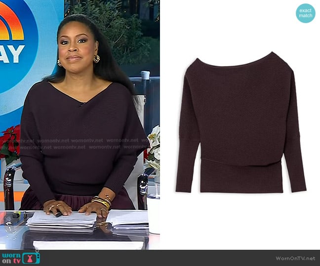 Reiss Lorna Drape Knitted Top in Plum worn by Sheinelle Jones on Today