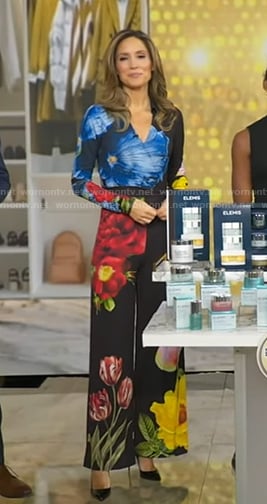 Rhiannon's black floral print jumpsuit on Good Morning America