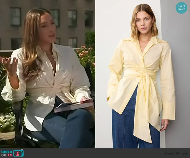 Ronny Kobo x RTR Yellow Wrap Button Down Top worn by Emily Orozco on Access Hollywood