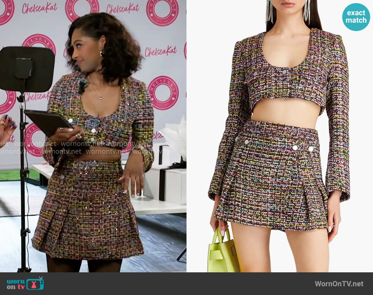 Rotate Birger Christensen Cropped cutout bouclé-tweed jacket and skirt worn by Kat Richardson (Colby Muhammad) on Beyond the Gates