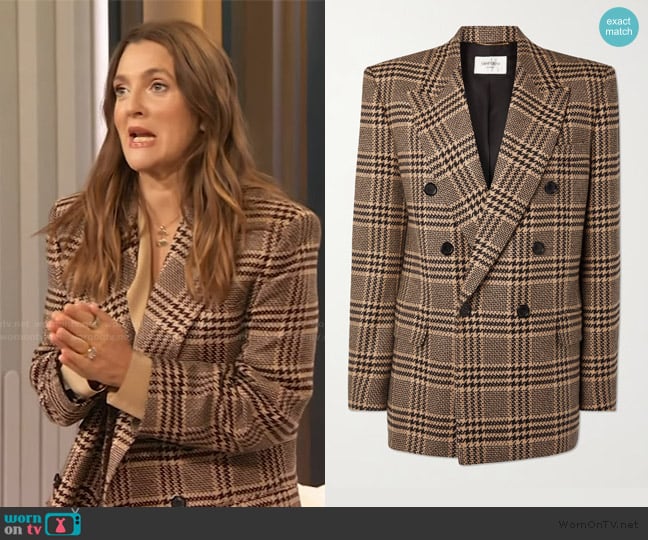 Saint Laurent Double-breasted checked silk and cashmere-blend blazer worn by Drew Barrymore on The Drew Barrymore Show