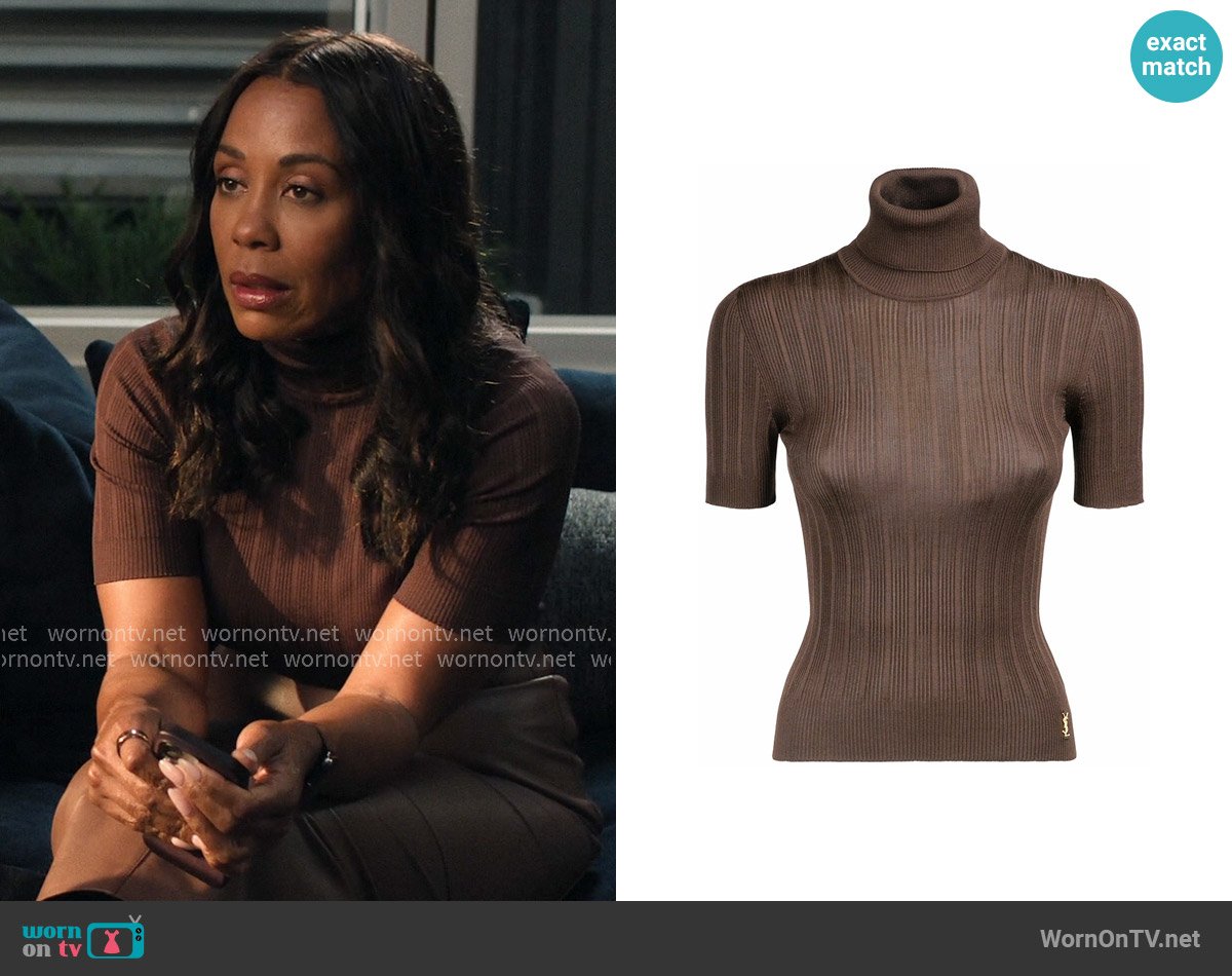 Saint Laurent Short Sleeve Turtleneck Sweater worn by Mia Jordan (Karen Pittman) on The Morning Show