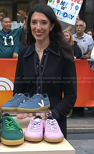 Sally Holmes’s black belted shirtdress and green sneakers on Today