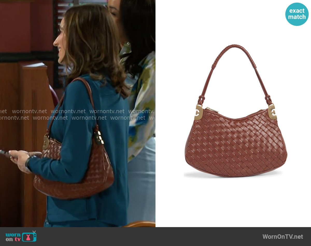 Sam Edelman Christy Woven Leather Shoulder Bag in Brandy worn by Ashley Morgan (Jen Jacob) on Beyond the Gates
