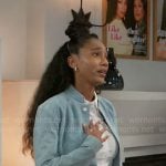 Samantha’s floral denim jacket and blue flared skirt on Beyond the Gates