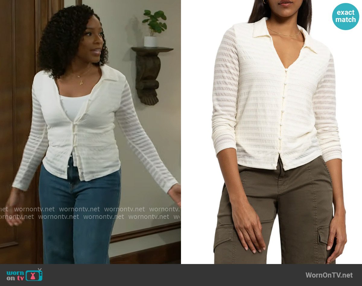 Sanctuary Stretch Lace Button-Up Shirt worn by Naomi Hamilton Hawthorne (Arielle Prepetit) on Beyond the Gates