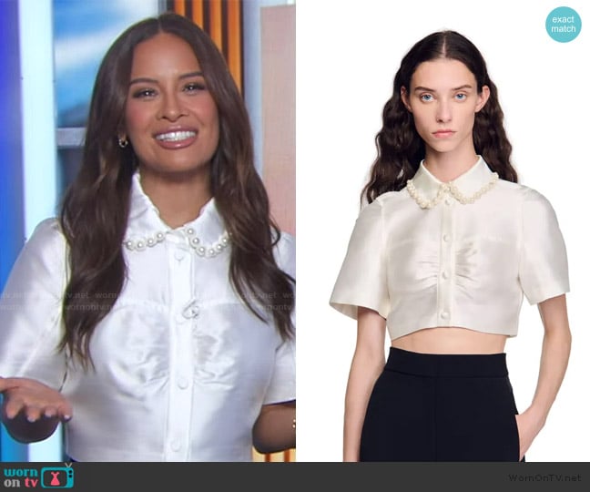 Sandro Beaded satin-effect cropped shirt worn by Rocsi Diaz on Good Morning America