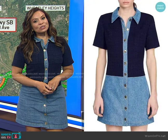 Sandro Brooke Mixed Media Denim Mini Shirtdress worn by Adelle Caballero on Today