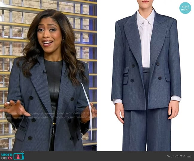 Sandro Striped Tailored Jacket in Blue worn by Morgan Norwood on Good Morning America