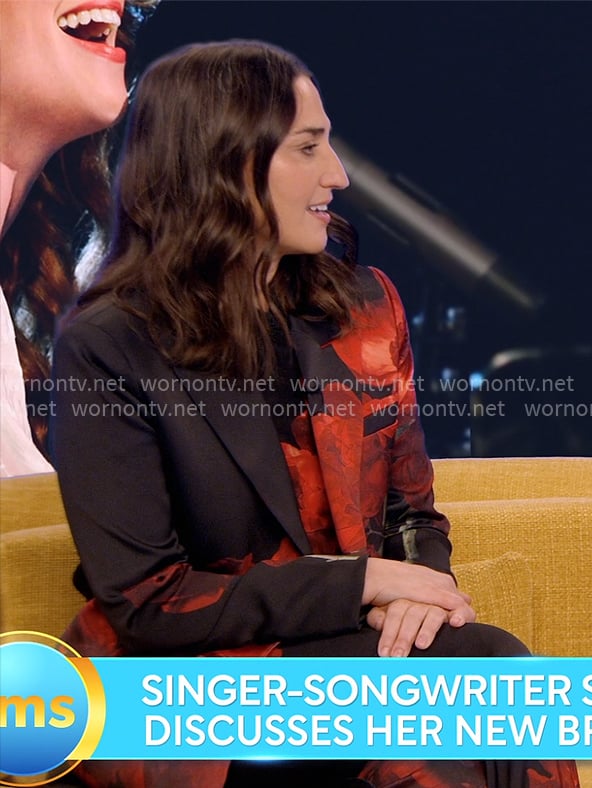 Sara Bareilles’ black and red floral suit on The Morning Show