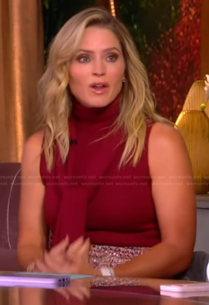 Sara's tie neck top and tweed skirt on The View