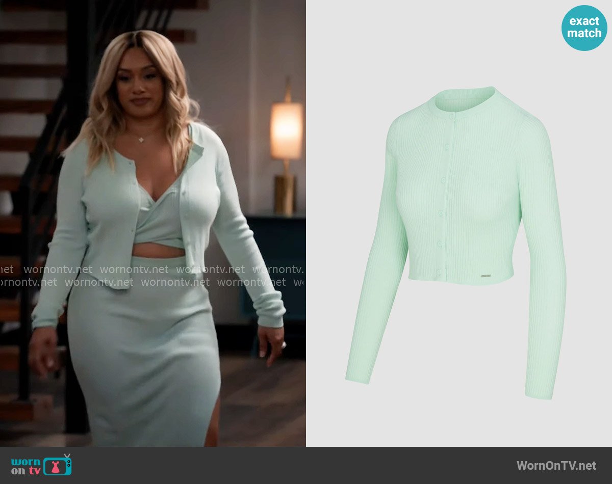 Savage x Fenty Featherweight Knit Cardigan in Mojito Green worn by Fatima (Crystal Hayslett) on Tyler Perrys Sistas