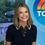 Savannah’s navy pointelle polo and denim skirt on Today