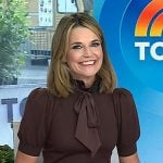 Savannah’s brown tie neck sweater and flare pants on Today