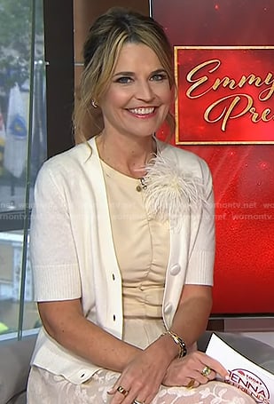 Savannah’s beige ruched top and floral lace skirt on Today